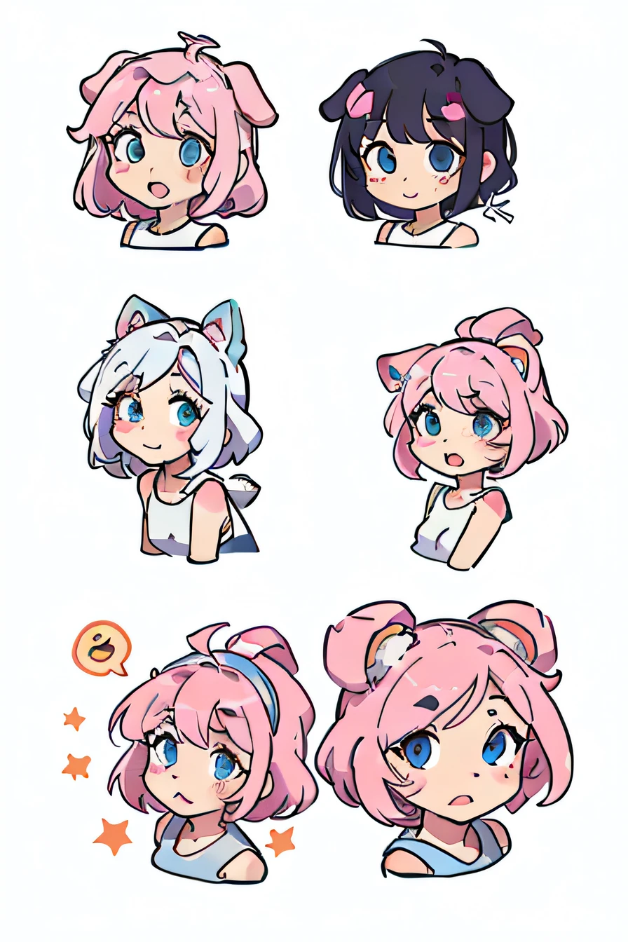 Cute pink puppy,Puppy ears,Various expressions,having fun,adorable eyes,white backgrounid, illustration-nii 5-style cute, emoji as illustration set, with boold manga line style,
dynamic pose dark white,,f/64 groups,related characters,Old
Meme Kernel,expressions