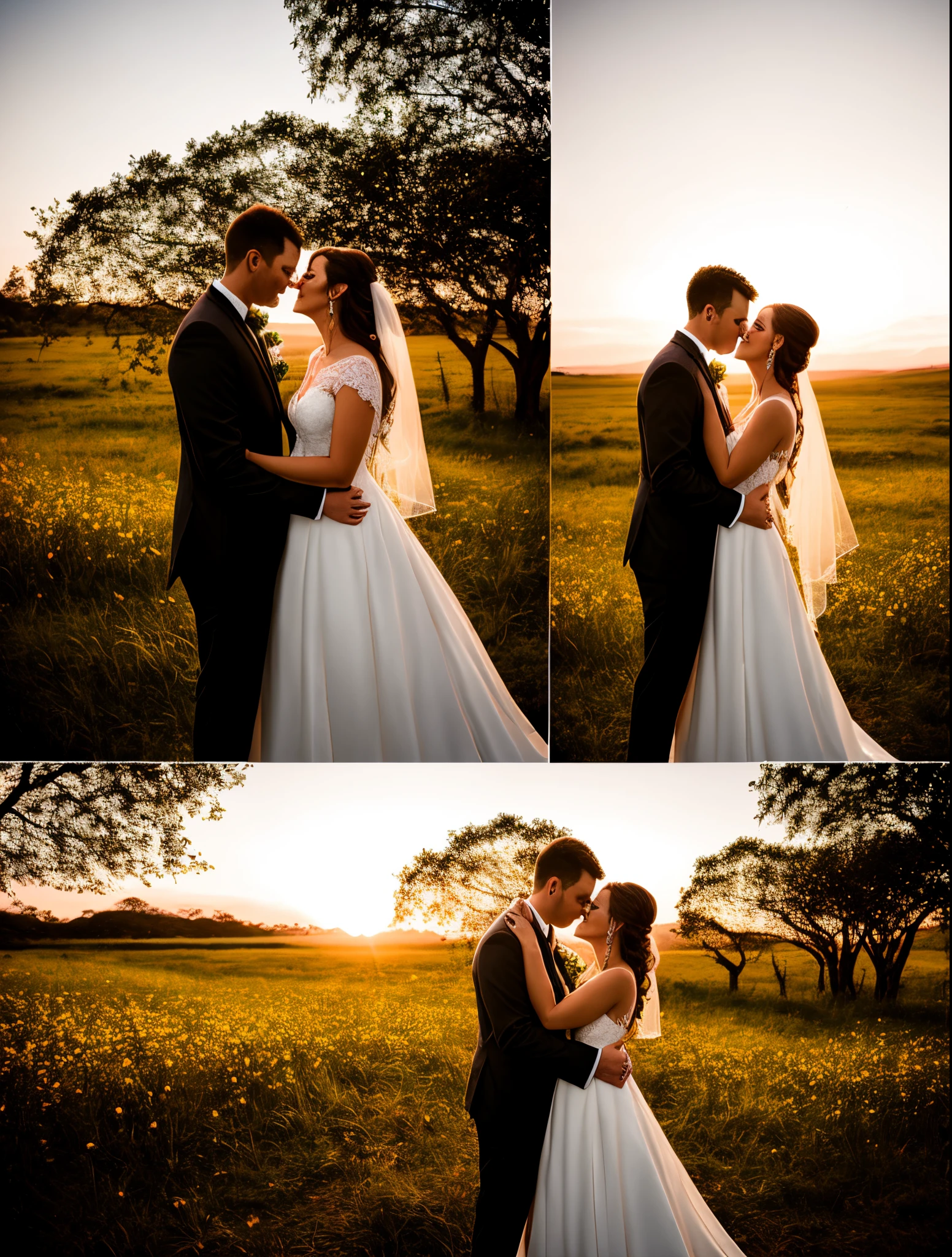 Bride and groom in pre wedding reality 2k masterpiece, lace wedding dress, por do sol, campo rosa de flores