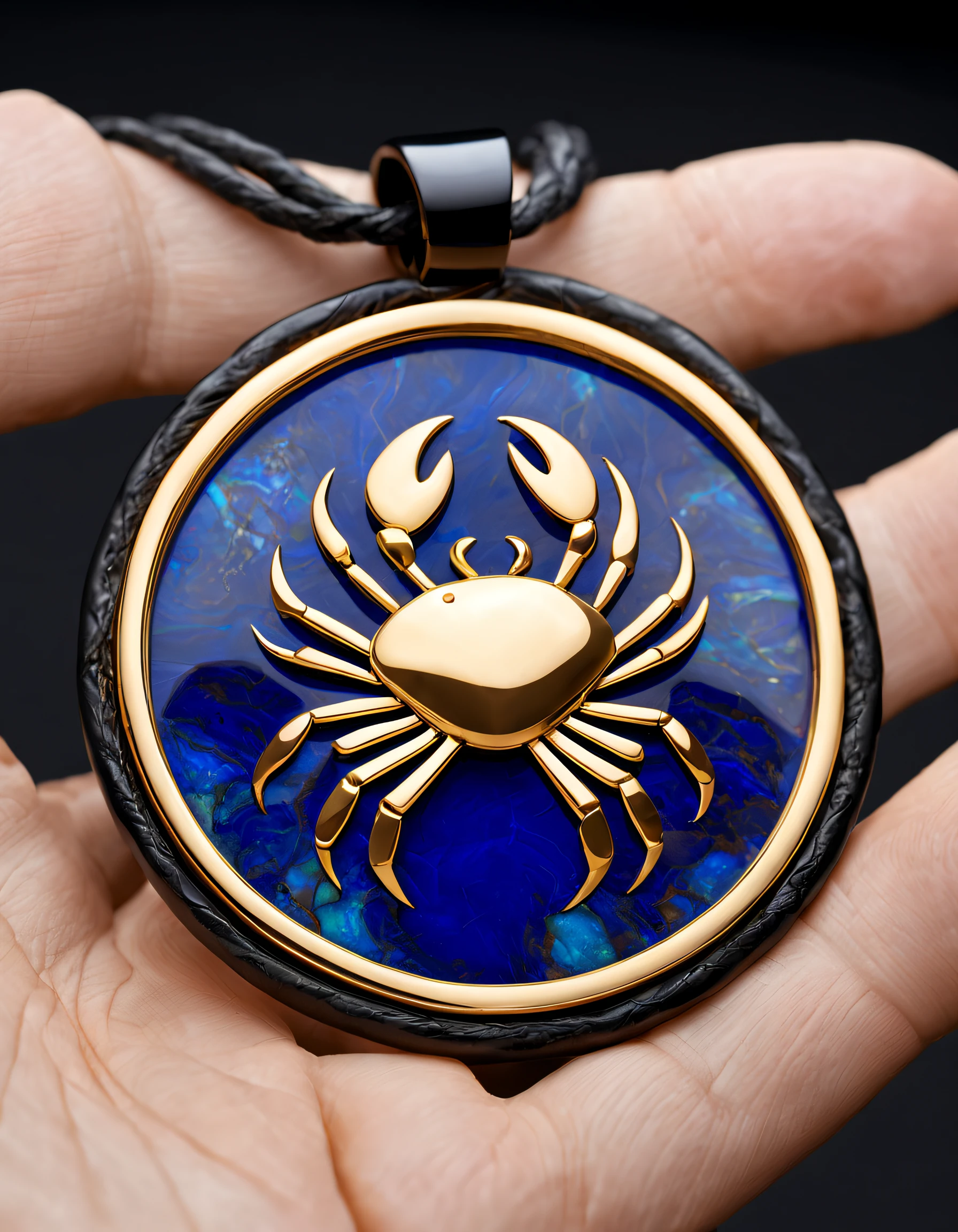 Item design, pendant design,, (a simple round pendant), (Set double opal),(Cancer symbol), (Freehand little golden crab), Black gold border, lapis lazuli,turquesa,(Engraving english cindy xu),black shell, Van Cleef & Arpels & Alpes Cartier, Background with: The white,author:John Pawson,Toyo Ito,zaha hadid,The content is very detailed, Best quality, tmasterpiece, A high resolution, hyper realisitc, 8K, Cyclic lighting,