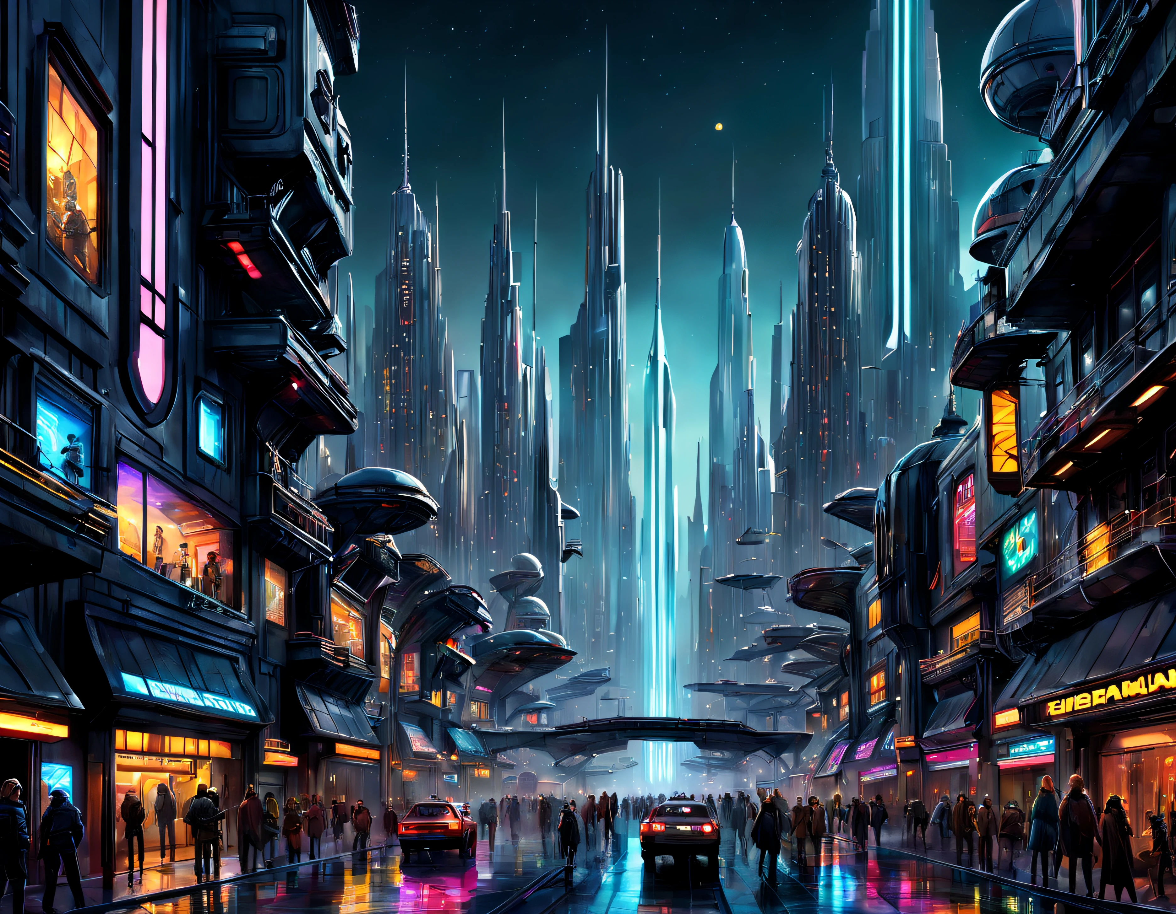 (The city of Coruscant from Star Wars as designed by Doug Chiang), futuristic fantasy city with immense buildings of technological design (que forman una avenida infinita), edificios compactor no difuminados con aspecto metalico,luces en ventanas en edificios, anuncios con luces de neon con diferentes colores en las calles, con estructuras acristaladas espectaculares, (con colores vivos). pavimento ensolado (sin brillo). gente paseando. imagen bien definida con muchos edificios juntos. imagen nitida bien definida 8k. los edificios llegan alta el fondo.,8k. imagen cinematografica