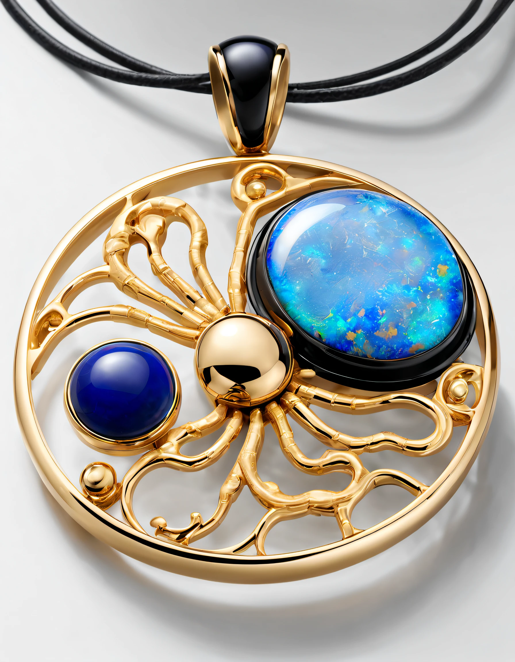 Item design, pendant design,, (a simple round pendant), (Set double opal),(Cancer symbol), (Freehand little golden crab), Black gold border, lapis lazuli,turquesa,(Engraving english cindy xu),black shell, Van Cleef & Arpels & Alpes Cartier, Background with: The white,author:John Pawson,Toyo Ito,zaha hadid,The content is very detailed, Best quality, tmasterpiece, A high resolution, hyper realisitc, 8K, Cyclic lighting,