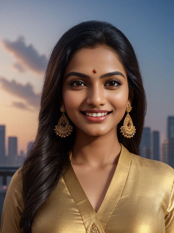 evening scenario, (photorealism:1.6 masterpiece, high quality, photorealistic:1.6, realistic:1.6), (portrait:1.6 full body shot), zeta pixel, 1 Tamil girl, extremely beautiful 20 years old, (bright smile:1.6), long black hair, eyes symmetry, face symmetry, (tight kurti shawl slim churidar pants), slippers, 34 28 32,  (intricate detailing:1.6 faces & eyes & nose & ears & lips & curves & skin & body parts), ornaments, looking at camera, standing in the city streets, elegant pose, (background detailing:1.6 evening sky vibrant colors skyscrapers maximize objects)