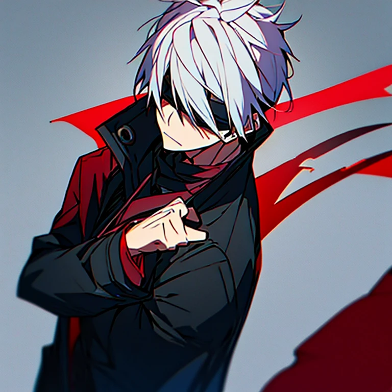 1 adult guy, anime character with white hair with red tips, badass anime 8 k, shadowverse style, anime wallpaper 4k, handsome guy, black overcoat, serious, blindfold.