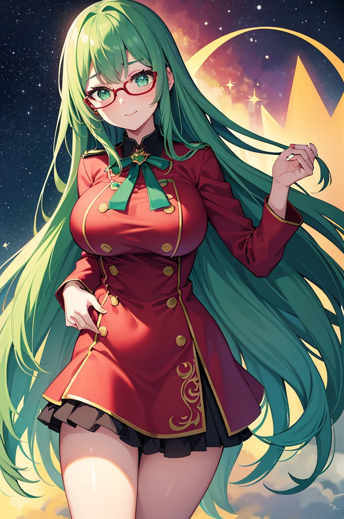 1girl in, Girl with emerald green colored hair and detailed teal dress uniform, rainbow colored cosmic nebula background, Stars, intergalactic, Intricate details, Perfect face, Dark green hair, Long hair, Green eyes, Anime beautiful girl wearing a red uniform, a miniskirt, Absolute area, A slight smil, Perfect Anatomy, Perfect face:1.1), (narrow frame red glasses),((Huge breasts!!!!!!)),(huge-breasted!!!!) (Full body shot), Looking at Viewer, Ultra-high definition, (1girl in:1.4), Extremely detailed illustration, Smooth, Very perfect pixel, Seductive,venusbody,