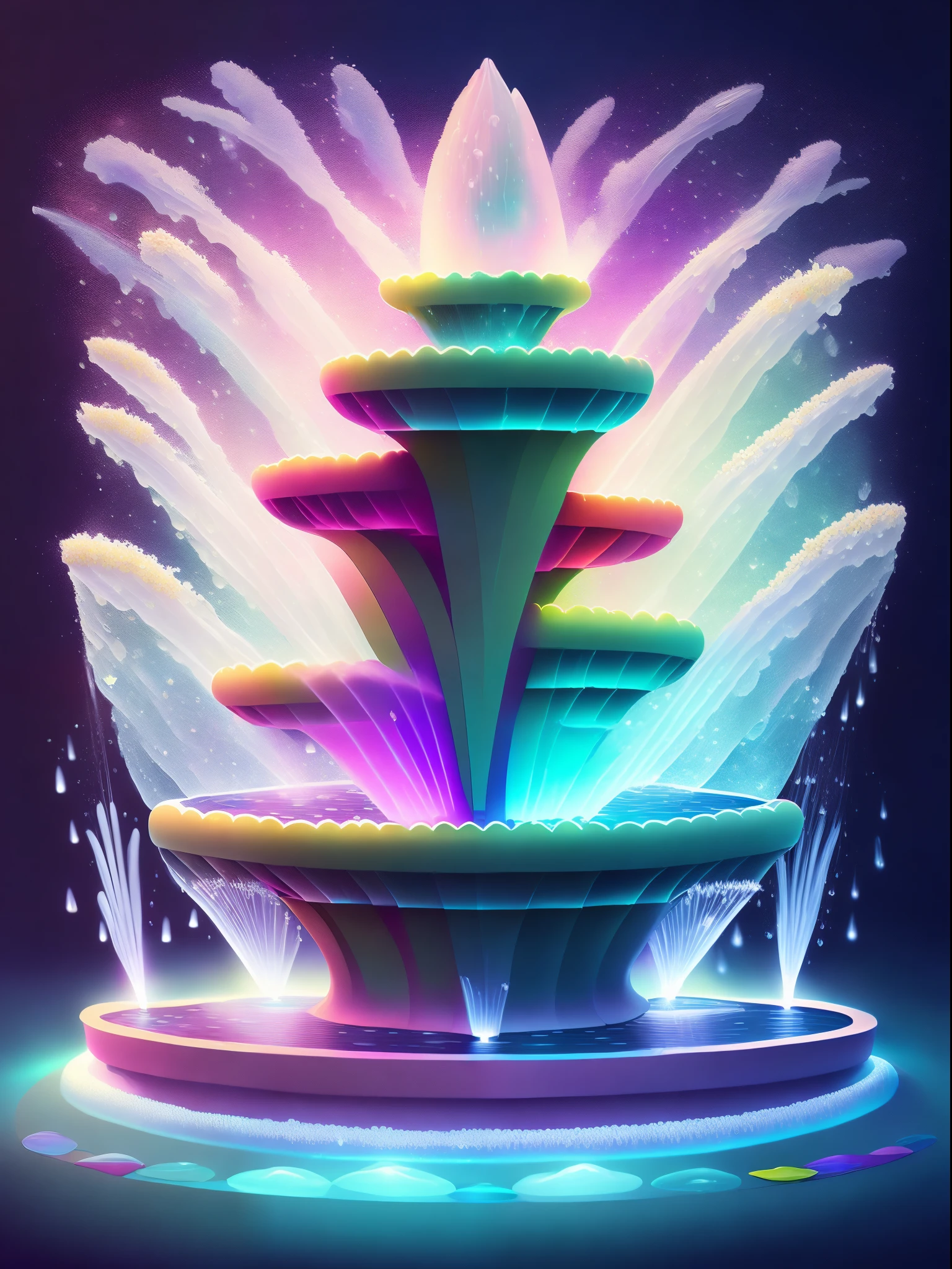 ((1 fantastic fountain,spring water spray: 1.8)),a cartoon illustration,Stars twinkling in the sky in a vivid color gradient。Immerse yourself in a mysterious world full of magical elements(The weight is 0.9)