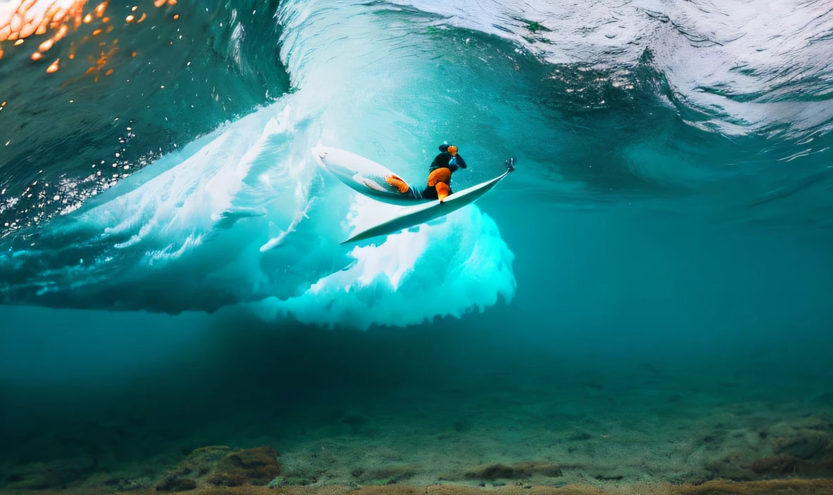 surferin unter Wasser, macht einen duck dive, im hintergrund eine welle fotografiert von unter wasser. Es soll alles in orange dargestellt werden. Im Stil minimalistisch und psychedelic
