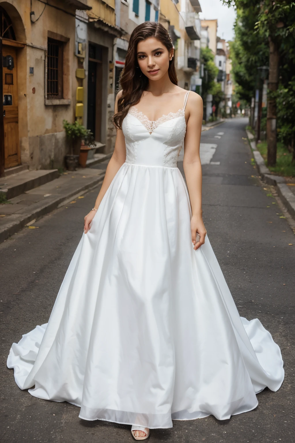 O Vestido de noiva confeccionado em renda na parte de cima e voal na parte da saia cetim
