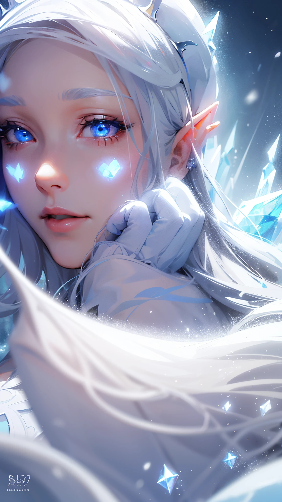 wlop, aeolian, jewelry, woman, queen, white robe, white eyelashes, dyed snow face, cold, frost, color, side light, pointed crown, super detail, depth of field, magic array, white hair, blue eyes, lips, snow, snow magic, white magic, sapphire, ice cap, ice crystal fragments, ice, large area white, incredible, super detail, extremely detail, (high contrast: 1.11), wind, amazing, beautiful detail eyes, messy hair, ( best lighting, extremely delicate and beautiful), ((cinema light)), (from the side: 1.3), 8K, masterpiece, best quality, movie stills, 1girl, floating in the sky, cloud girl, clouds, (close-up: 1.1), bright, happy, fun, soft lighting, (Bauhaus, shapes, lines, abstract: 1.1) official art, Unity 8k wallpaper, super detailed, beautiful and beautiful, masterpiece, best quality, (dynamic angle: 1.4), romantic depth of field exotic_ dance, Perfect NwsjMajic, (Masterpiece, Top Quality, Best Quality, Official Art, Beauty and Aesthetics: 1.2), Extreme Detail, Colorful, Supreme Detail, (((Elf Girl)))