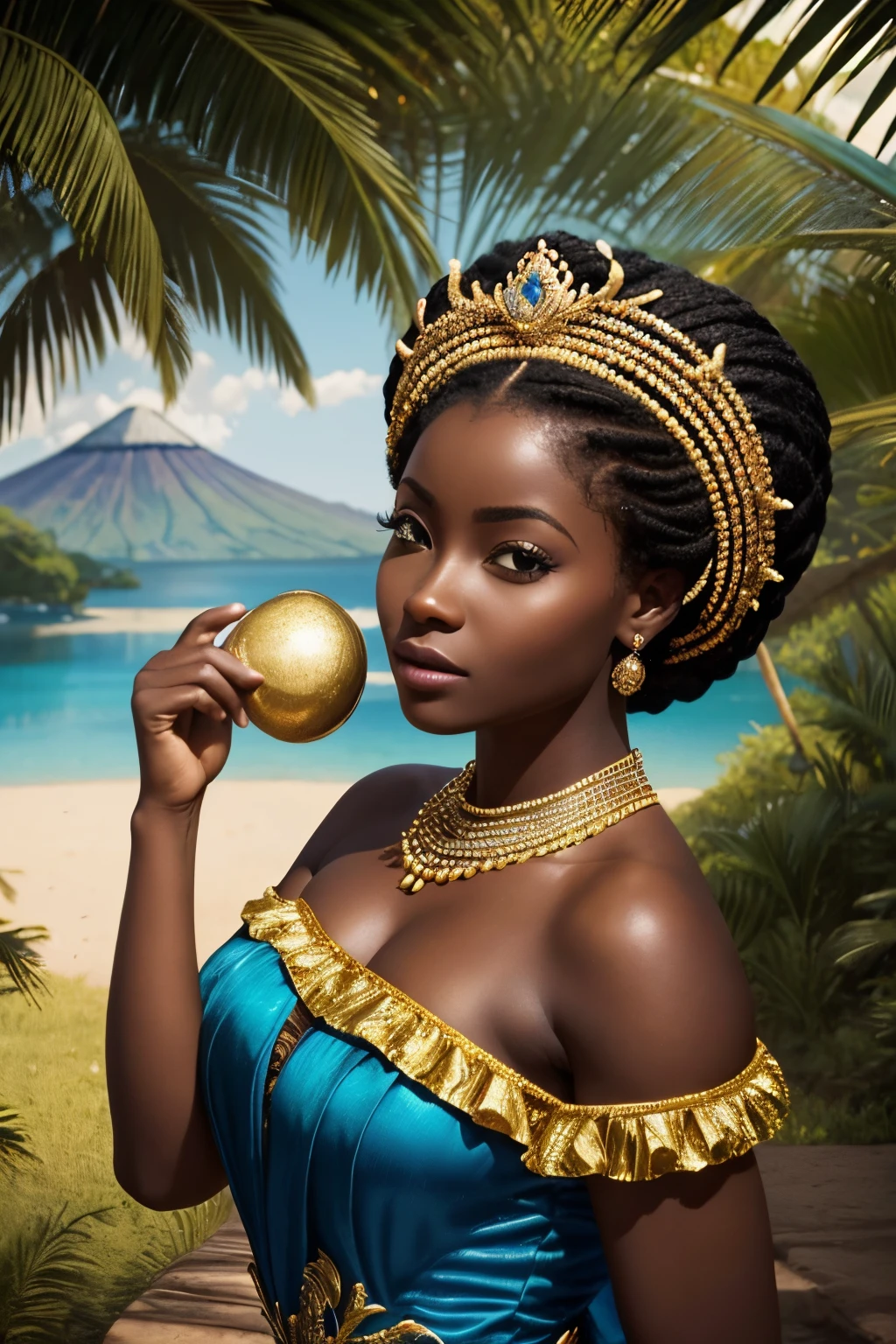 Retrato realista de uma mulher africana com pele castanha escura queimada pelo sol, cabelos longos:2
Encaracolado, ROUPAS DE PRINCESA, Cinderella long rococo style, Imagem intrigante, imagem limpa, Ao fundo, um belo lago, Cores brilhantes, cinematic shadows,