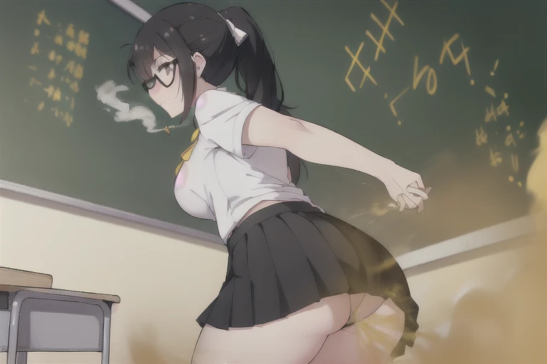 ((Blackhair ponytail))),((adult female)),wear the glasses,Yellow smoke,Attacked by farts, Attack with farts,)),(attacks the all students in classroom with farts)),((wearing a short tight skirts and teacher shirt)),velocity,, (((Yellow smoke is rising ))),((Hip Attack)),((),((Facing this way))),masterpiece:1.2、top-quality)、(the Extremely Detailed CG Unity 8K Wallpapers、ultra-detailliert、Best Shadows)、(细致背景)、(The best lighting、extremely delicate and beautiful)、depth of fields,((Girl fart)),(big fart),(((((There is a student and a female teacher.......))))),(((Female teacher attack all student in classroom with a hip attack..))),(((high-handed female teacher)),(((All students who endures pain))),((big boob)),((big butt)),(,((fart text)),(THE TEXT:BBRRPPHHH)),(classroom)),((the teacher is writing on the blackboard))