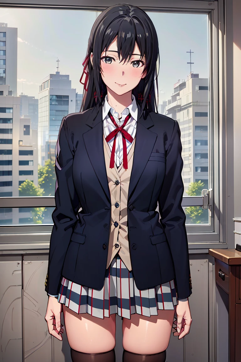 (best quality:1.2, ultra-detailed, realistic:1.37), vibrant colors, soft lighting, yukino yukinoshita, long flowing hair, beautiful hair ribbon, elegant school uniform, stylish black jacket, classic plaid skirt, cute thigh-high socks