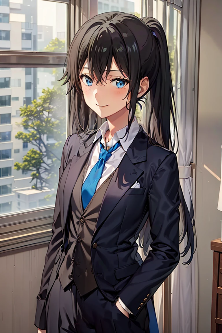 Yukinoshita Yukino wears a tuxedo coat, 1girl, Snafu anime, Female Butler, Elegant blue evening tie, collared shirt, bloomers, Black tail coat, Detailed background of the room, eyes blue, closed mouth, Smileing, A very sexy girl in a suit and tie is standing by the window, 1girl, 独奏, necktie, Black hair, eyes blue, long  hair, smile, jacket, looking at the scenes, shirt, bloomers, blue necktie, collared shirt, white pants, white shirt, indoors, explosions, long-sleeved, closed mouth, window, black jacket, blush, cowboy shot, ceremonial, Yukinoshita Yukino suit, A woman in a black suit and blue tie is standing next to the windowsill, 1girl, 独奏, necktie, eyes blue, jacket, indoors, Black hair, smile, shirt, ponytail, bloomers, looking at the scenes, collared shirt, curtains, blue necktie, hand in pocket, window, black jacket, closed mouth, blush, ahoge, open vest, black trousers, explosions, white shirt, ceremonial, long  hair, suit, long-sleeved, Open clothes Yukinoshita Yukino, A woman in a black suit and blue tie is standing next to the windowsill, 1girl, 独奏, necktie, eyes blue, jacket, indoors, Black hair, smile, shirt, ponytail, bloomers, looking at the scenes, collared shirt, curtains, blue necktie, hand in pocket, window, black jacket, closed mouth, blush, ahoge, open vest, black trousers, explosions, white shirt, ceremonial, long  hair, suit, long-sleeved, A uniformed woman stands in a large gap in the room, 1girl, 独奏, necktie, Black hair, eyes blue, long  hair, smile, jacket, looking at the scenes, shirt, bloomers, blue necktie, collared shirt, white pants, white shirt, indoors, explosions, long-sleeved, closed mouth, window, black jacket, blush, cowboy shot, ceremonial, Suit Yukinoshita Yukino wears a tuxedo coat, 1girl, Snafu anime, Female Butler, Elegant blue evening tie, collared shirt, bloomers, Black tail coat, Detailed background of the room, eyes blue, closed mouth, Smileing