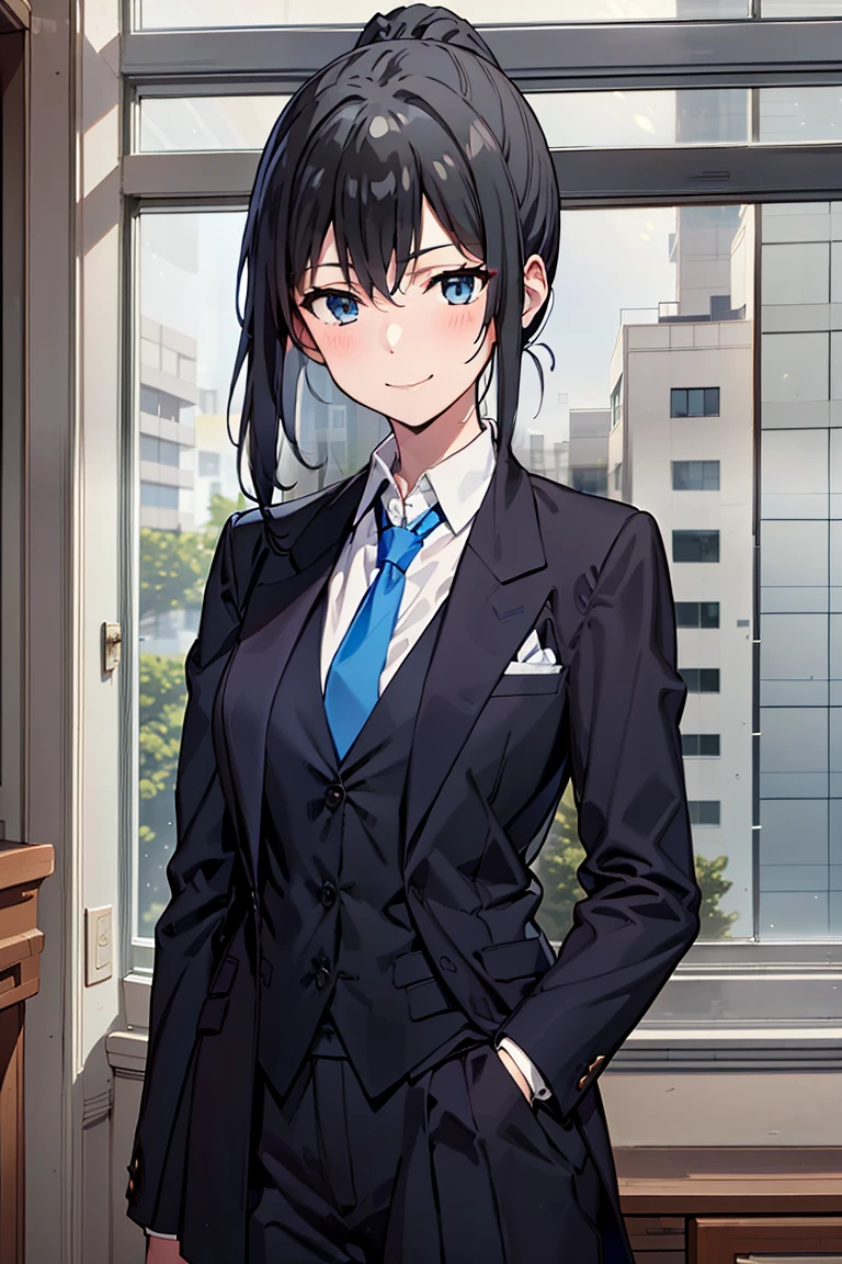 Yukinoshita Yukino wears a tuxedo coat, 1girl, Snafu anime, Female Butler, Elegant blue evening tie, collared shirt, bloomers, Black tail coat, Detailed background of the room, eyes blue, closed mouth, Smileing, Very sexy girl in suit and tie standing by the window, 1girl, 独奏, necktie, Black hair, eyes blue, long  hair, smile, jacket, looking at the scenes, shirt, bloomers, blue necktie, collared shirt, white pants, white shirt, indoors, explosions, long-sleeved, closed mouth, window, black jacket, blush, cowboy shot, ceremonial, Yukinoshita Yukino suit, A woman in a black suit and blue tie is standing next to a windowsill, 1girl, 独奏, necktie, eyes blue, jacket, indoors, Black hair, smile, shirt, ponytail, bloomers, looking at the scenes, collared shirt, curtains, blue necktie, hand in pocket, window, black jacket, closed mouth, blush, ahoge, open vest, black trousers, explosions, white shirt, ceremonial, long  hair, suit, long-sleeved, Open clothes Yukinoshita Yukino, A woman in a black suit and blue tie is standing next to a windowsill, 1girl, 独奏, necktie, eyes blue, jacket, indoors, Black hair, smile, shirt, ponytail, bloomers, looking at the scenes, collared shirt, curtains, blue necktie, hand in pocket, window, black jacket, closed mouth, blush, ahoge, open vest, black trousers, explosions, white shirt, ceremonial, long  hair, suit, long-sleeved, A uniformed open-dress lady stands in a large gap in the room, 1girl, 独奏, necktie, Black hair, eyes blue, long  hair, smile, jacket, looking at the scenes, shirt, bloomers, blue necktie, collared shirt, white pants,