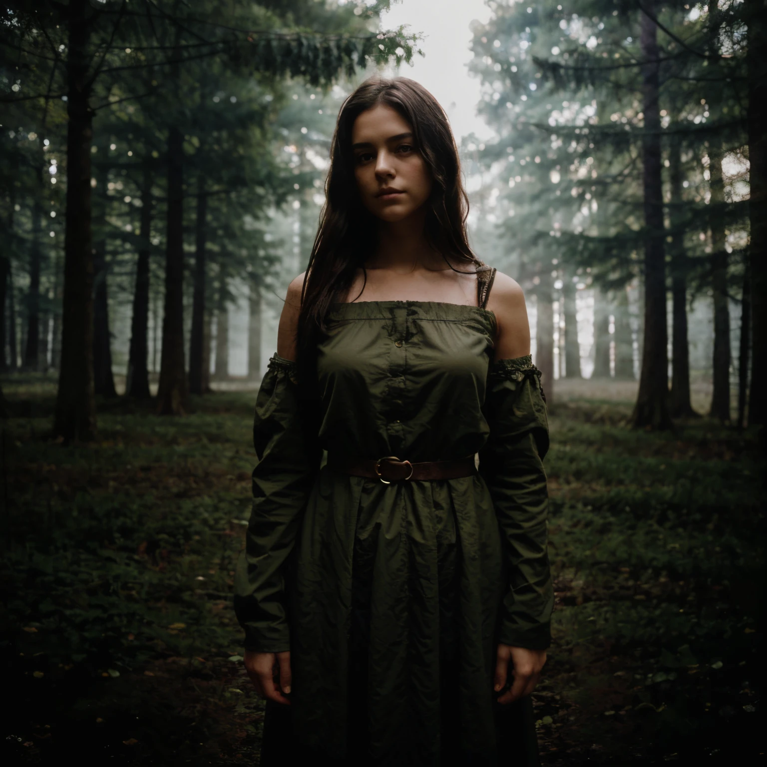 Full body image. Girl, 18 years old, is shrouded in shadows, deep-set eyes, dressed in simple peasant clothes and a melancholic aura.  Dark hair hides part of her face.  Setting: dark forest.  The pose: staring straight ahead, shoulders slightly hunched, while the surrounding environment echoes its somber tone.