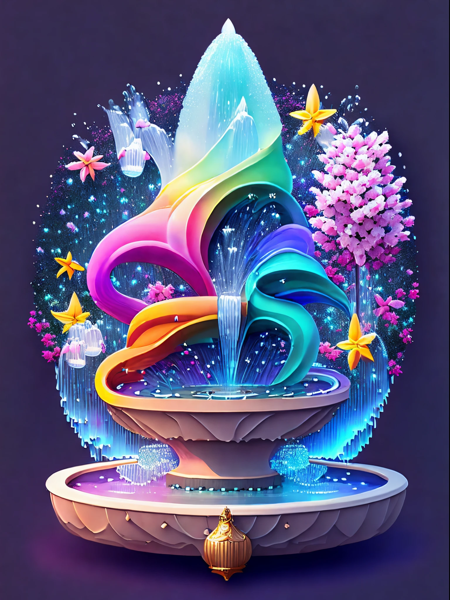 ((1 fantastic fountain,spring water spray: 1.8)),a cartoon illustration,Stars twinkling in the sky in a vivid color gradient。Immerse yourself in a mysterious world full of magical elements(The weight is 0.9)