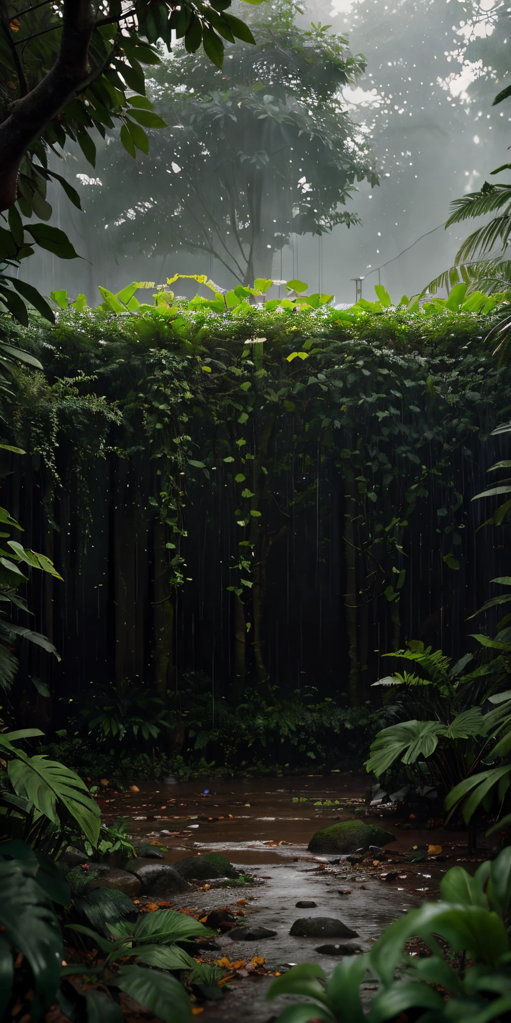 A jungle, with intense rainfall, monochromatic, vines all around, giant and wet trees, masterpiece, best quality, high quality, extremely detailed CG unity 8k wallpaper, oil paiting, award winning photography, Bokeh, Depth of Field, HDR, bloom, Chromatic Aberration ,Photorealistic,extremely detailed, trending on artstation, trending on CGsociety, Intricate, High Detail, dramatic, art by midjourney, volumetric lighting