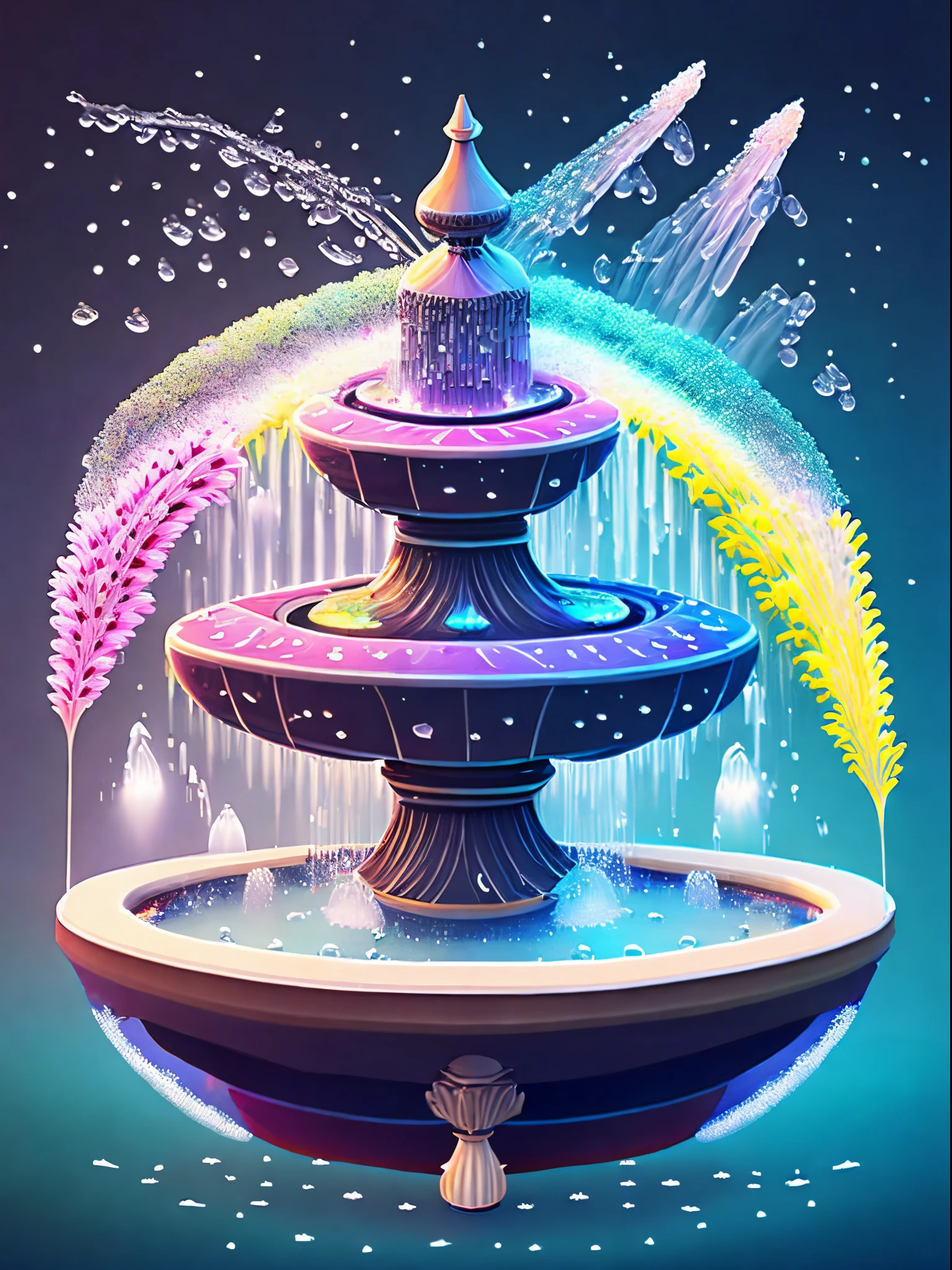 ((1 fantastic fountain,spring water spray: 1.8)),a cartoon illustration,Stars twinkling in the sky in a vivid color gradient。Immerse yourself in a mysterious world full of magical elements(The weight is 0.9)