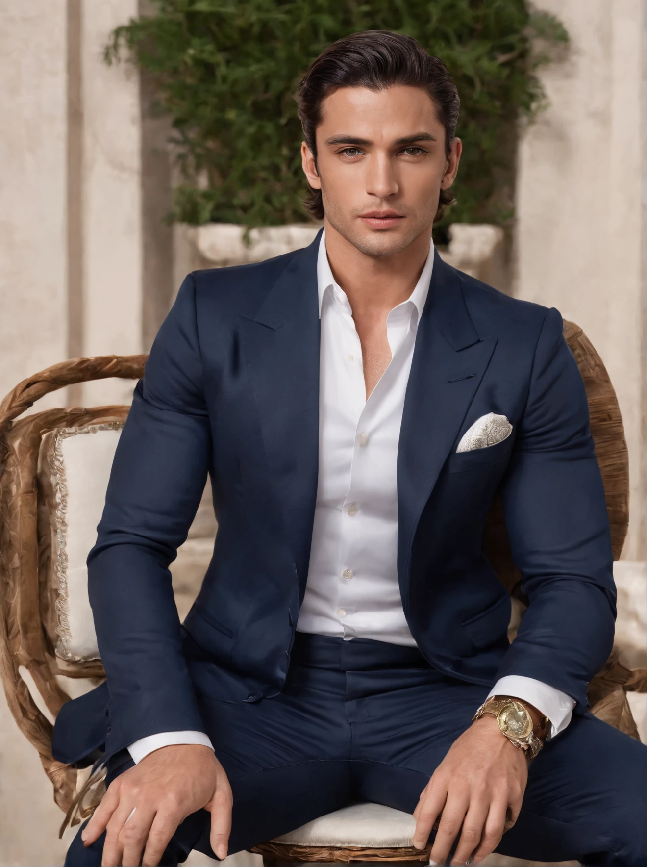 Michele Morrone look-alike face, A young man，Handsome，bem musculoso，corpo peludo，meia branca，Ultra-thin pantyhose ((pan focus: 1.5)),（Olhos detalhados：1.3），Topless nu，Nudez em todos os lugares，Olhos escuros，massive bulge，Protruding black hair from bulge, Esbian de corpo inteiro，Character sitting in a chair with arms raised, cabelos pretos (cabelo curto e elegante,), nice pose, homem bonito, cara bonita, Pose elegante real, Businessman, (em um blazer listrado), (The surrounding environment is a luxurious and classic living room) (Imagens de tom de areia) ultra realistic, Prince of royalty looking, Old Money Aesthetics, Italian appearance, Joel Kinnaman Lookalike, terno elegante, Rolex, Classic car in the background, Appearance of royalty, vestindo terno Ralph Lauren, Raoul Bova face lookalike, Italian luxury mansion in the background