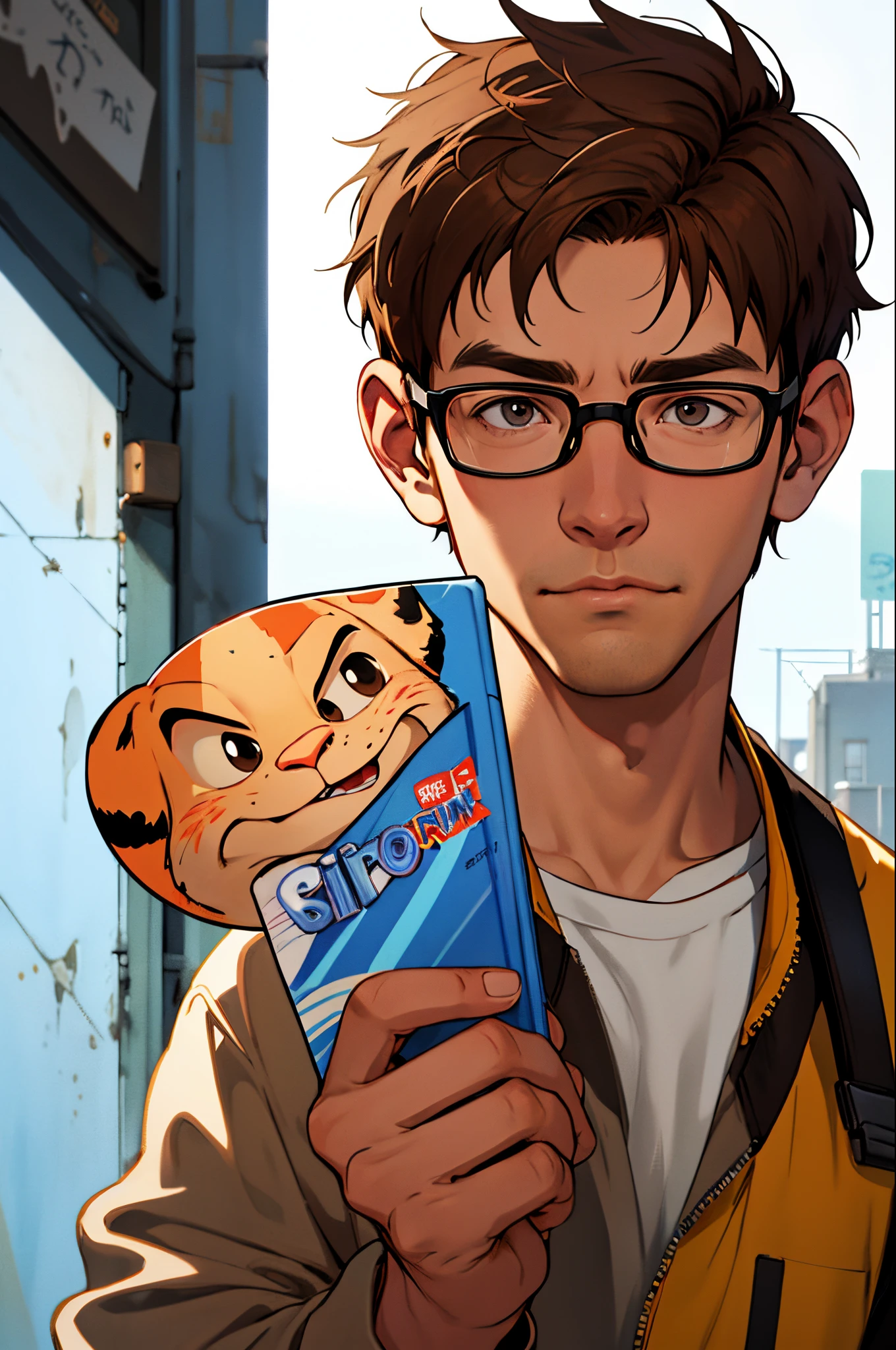 Pixar-style film cover with a white protagonist wearing glasses and brown hair