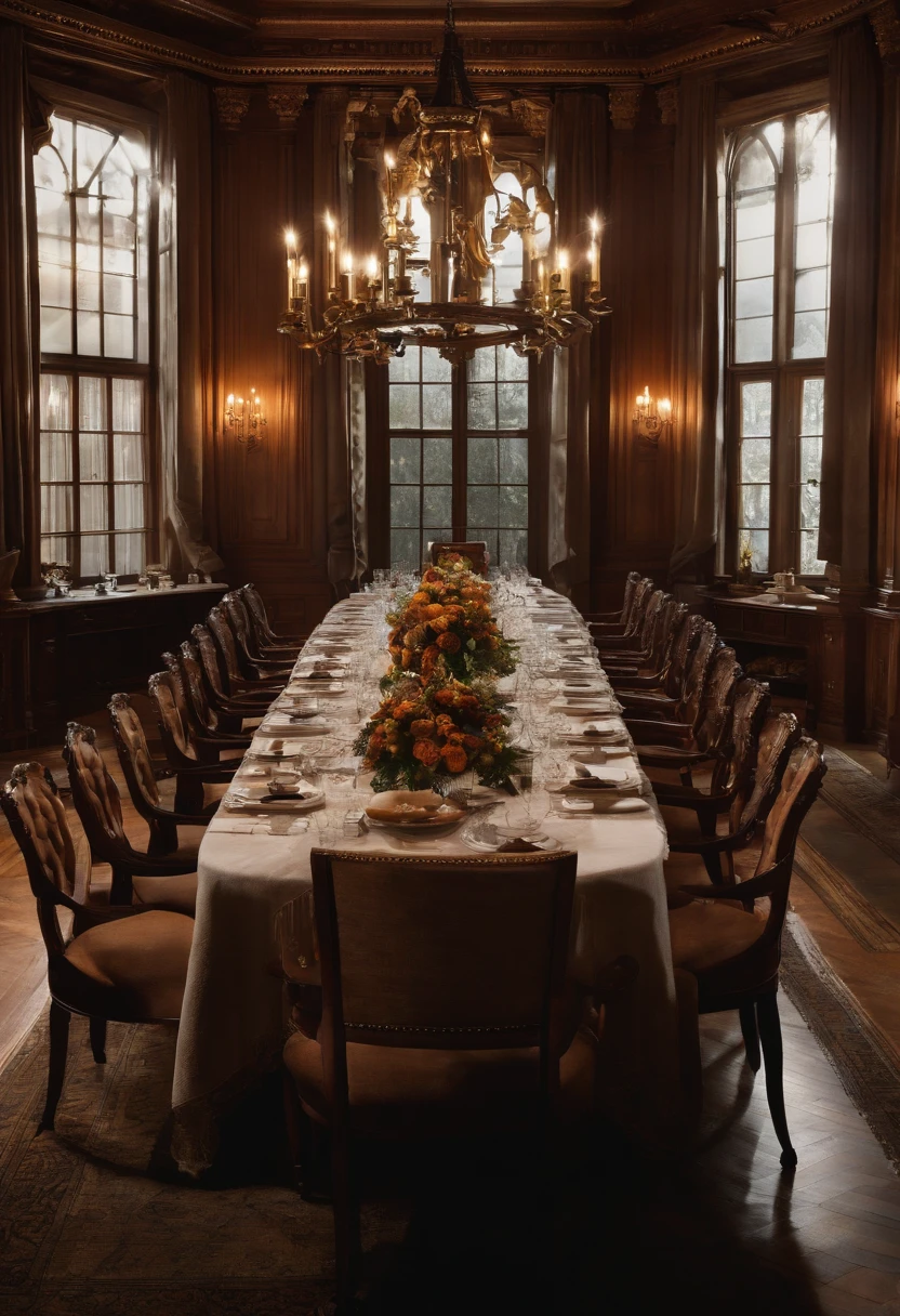 A photo of Hannibal Lecter's elegant dining room with a perfectly set table,The Silence of the Lambs,Lecter’s appearance is described as being disarmingly ordinary yet neat, with an intense gaze and a hint of predatory sharpness. He often presents himself with impeccable manners, a calm composure, and a precise, almost surgical precision in movement, masking the monster that lies beneath his civilized veneer.