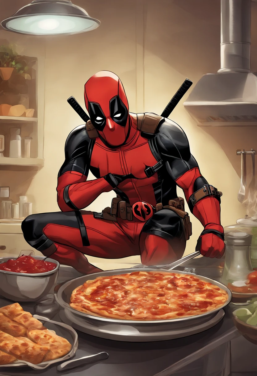 Deadpool showing off his cooking skills by making a mountain of chimichangas,Deadpool,Deadpool, the unconventional anti-hero from Marvel Comics, is known for his distinctive red and black suit, complete with a mask that covers his entire face, hiding his disfigured skin caused by advanced cancer and experimental healing factor. His appearance is athletic and agile, suitable for his acrobatic fighting style.