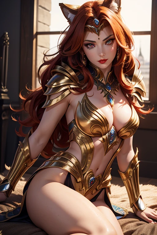 There is an adult European woman in Wolf designed Armor , Saint Seiya , Wolf Cloth, Ginger hair, red lips, Eye shadow, natural makeup, long curved hait, beautiful chest, Second Life Avatar, Beautiful screenshot, Second Life, attractive woman, high quality, highly detailed skin, dynamic pose