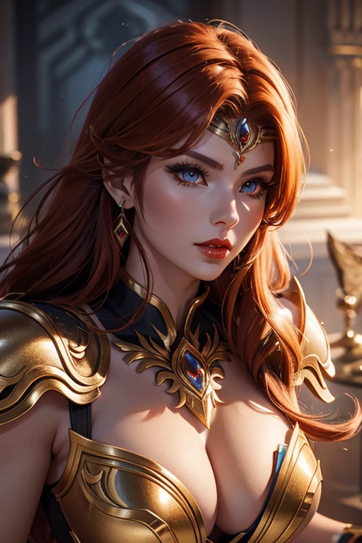 There is an adult European woman in Wolf designed Armor , Saint Seiya , Wolf Cloth, Ginger hair, red lips, Eye shadow, natural makeup, long curved hait, beautiful chest, Second Life Avatar, Beautiful screenshot, Second Life, attractive woman, high quality, highly detailed skin, dynamic pose