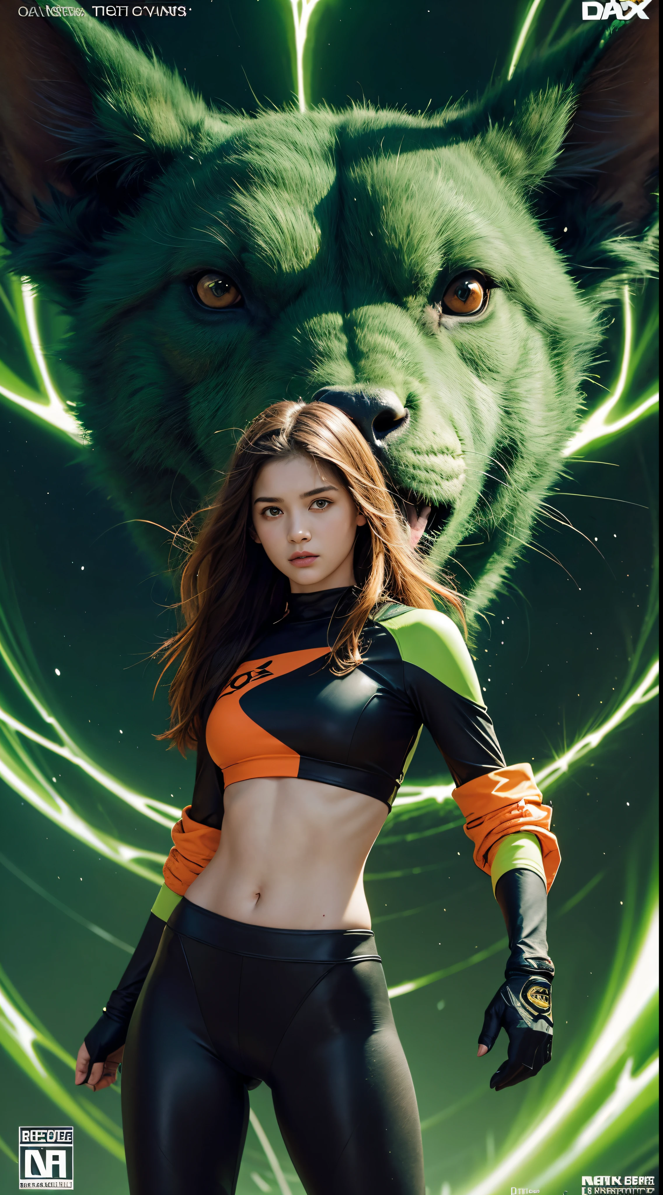 the cover for dgx's creature crusader, featuring a teenage woman standing against a large animal, in the style of martin ansin, dark orange and green, jake wood-evans, meredith marsone, digitally enhanced, blink-and-you-miss-it detail, infinity nets
