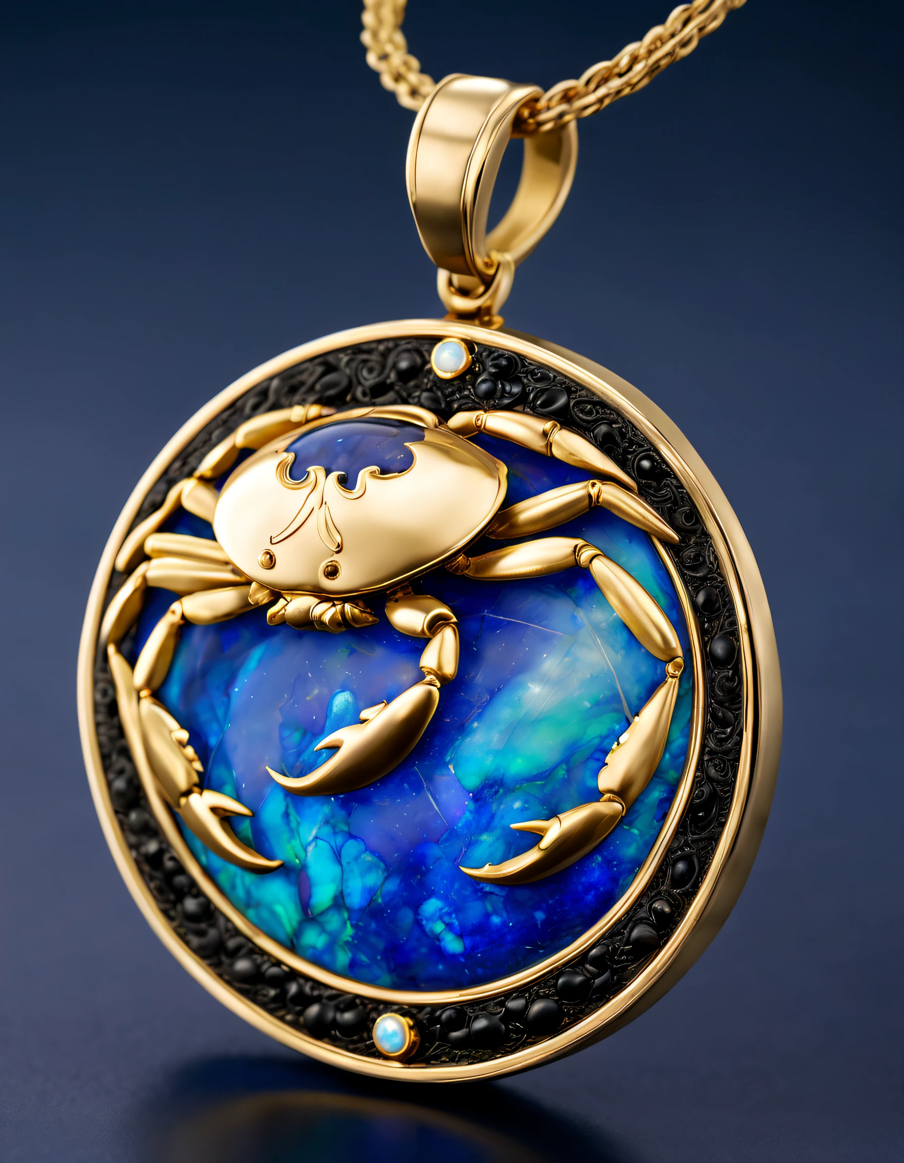 Item design, pendant design, (a simple round pendant), (double opal), (Cancer signs), (Freehand little golden crab), (Engraving english cindy xu:0.6), Black gold border, lapis lazuli, turquesa, black shell, Van Cleef & Arpels, cartier, Background and: The white,author：victor horta,, Gold foil very detailed, Best quality at best, tmasterpiece, A high resolution, Hyper-realistic, actual, 8K, , softlighting,