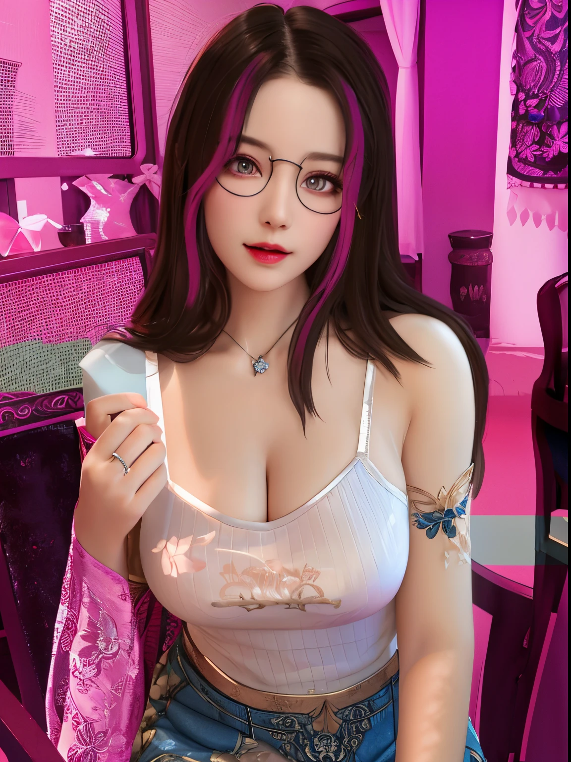 Nipples, open chest, night sky, professional lighting, Blowing in the wind, Tight-fitting skirt, Tights, glasses, iridescent long hair, perfect breasts, big breasts, double eyelid, bright red lips, bright colors, full height, two iridescent tails, bright makeup, whole body, belt, decorations, more doers, neon
