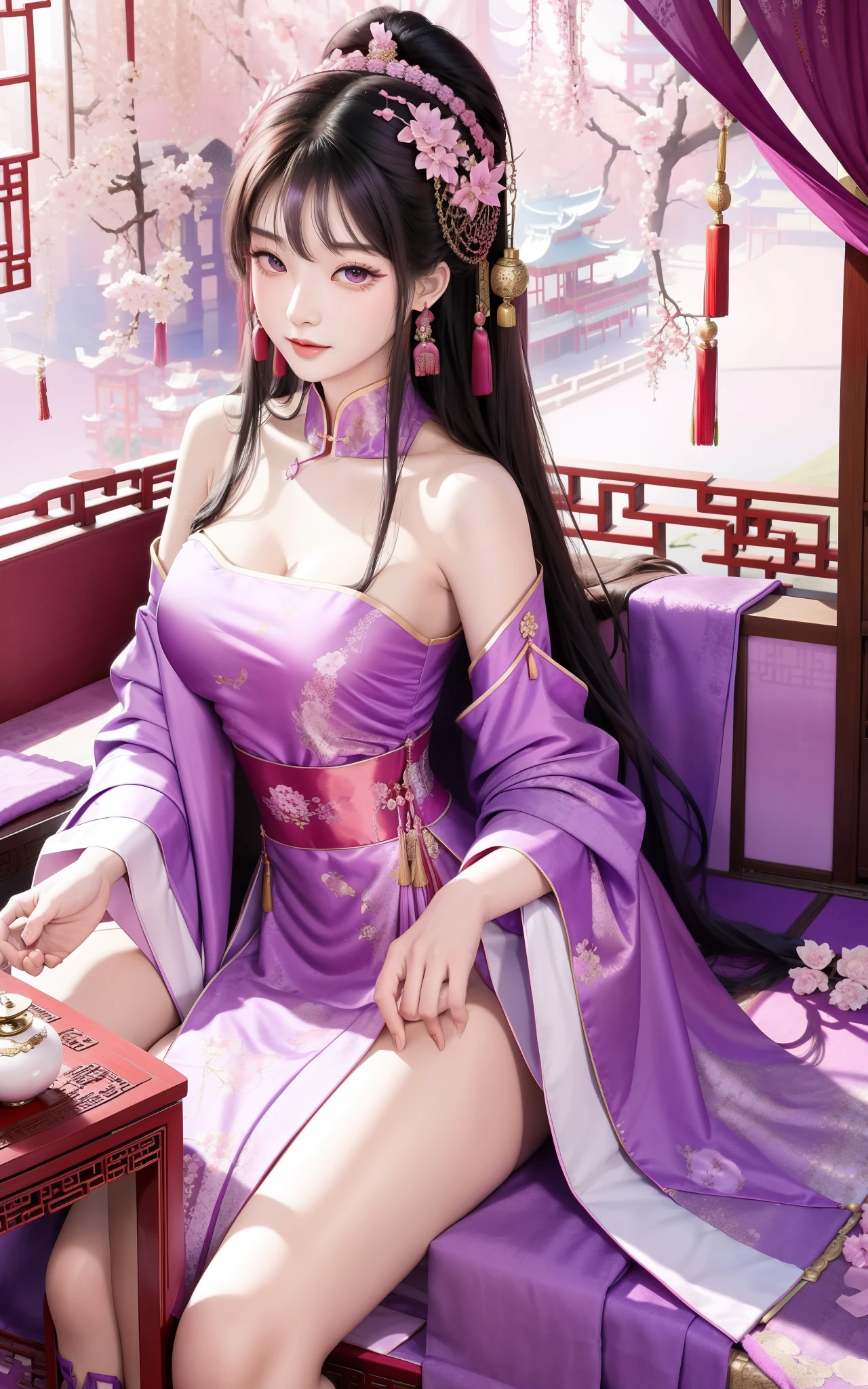 exposed bare shoulders,purple chinese dress,beuaty girl,asian architecture interior,Chaise sofa,Pink curtains,extravagant furnishings,palaces,Summer palace,carpets,