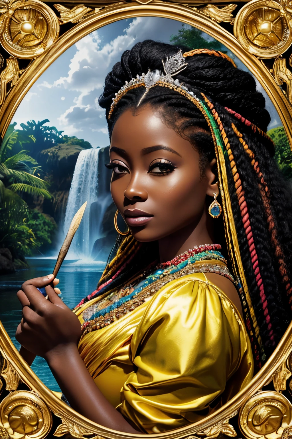 Retrato realista de uma mulher africana com pele castanha escura queimada pelo sol, cabelos longos:2
Encaracolado, ROUPAS DE PRINCESA, Cinderella long rococo style, Imagem intrigante, imagem limpa, Ao fundo, um belo lago, Cores brilhantes, cinematic shadows,