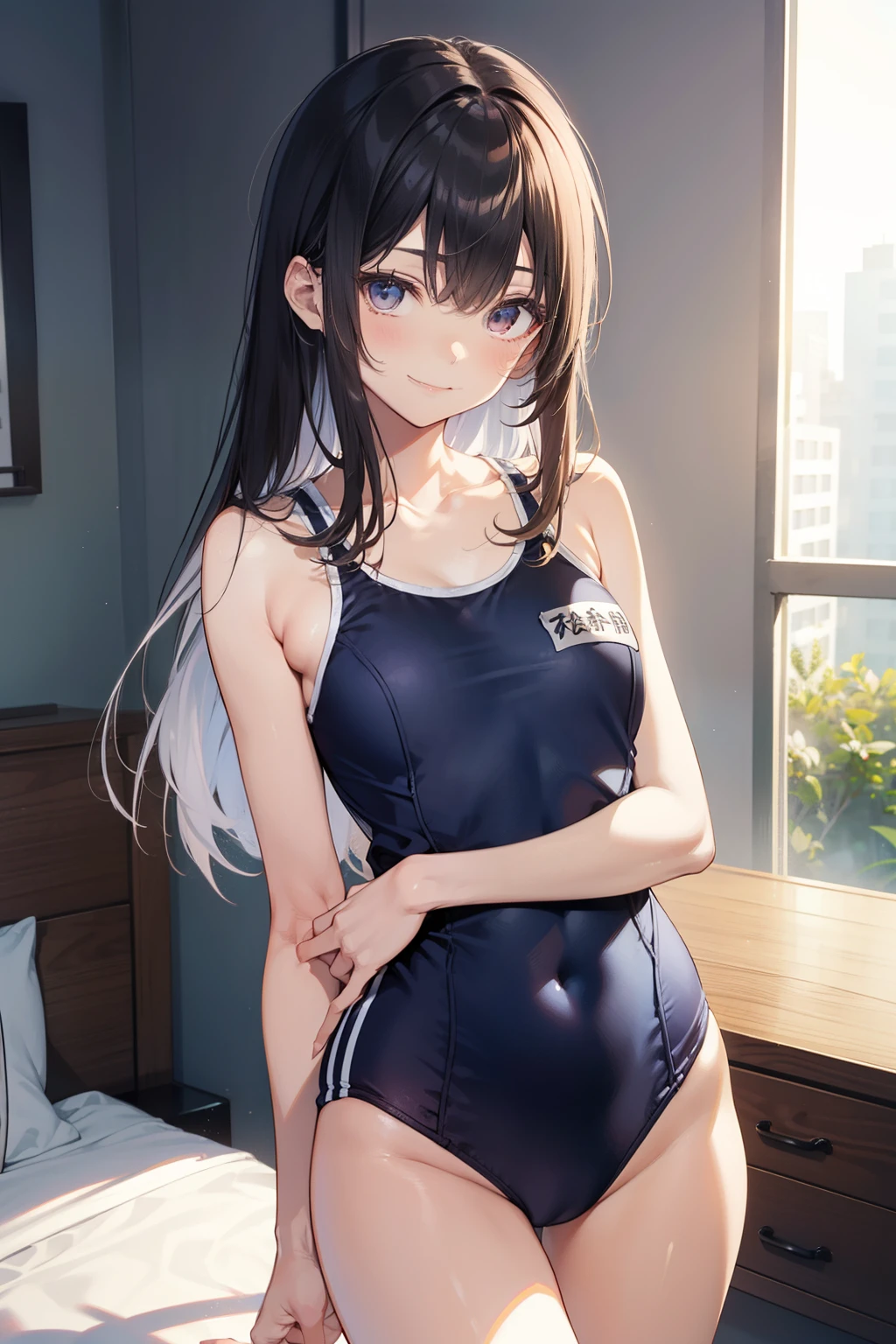 top-quality、Full limbs、complete fingers、Slender beauty、ssmile、Wearing a school swimsuit、darkened room、Lean forward and look at me、Put your hands on your buttocks、Raking up your hair
