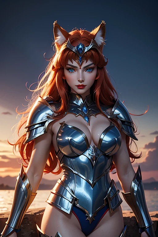 There is an adult European woman in Blue Wolf designed Armor , Saint Seiya , Wolf Head Helmet , Ginger hair, red lips, Eye shadow, natural makeup, long curved hait, beautiful chest, Second Life Avatar, Beautiful screenshot, Second Life, attractive woman, high quality, highly detailed skin, dynamic pose