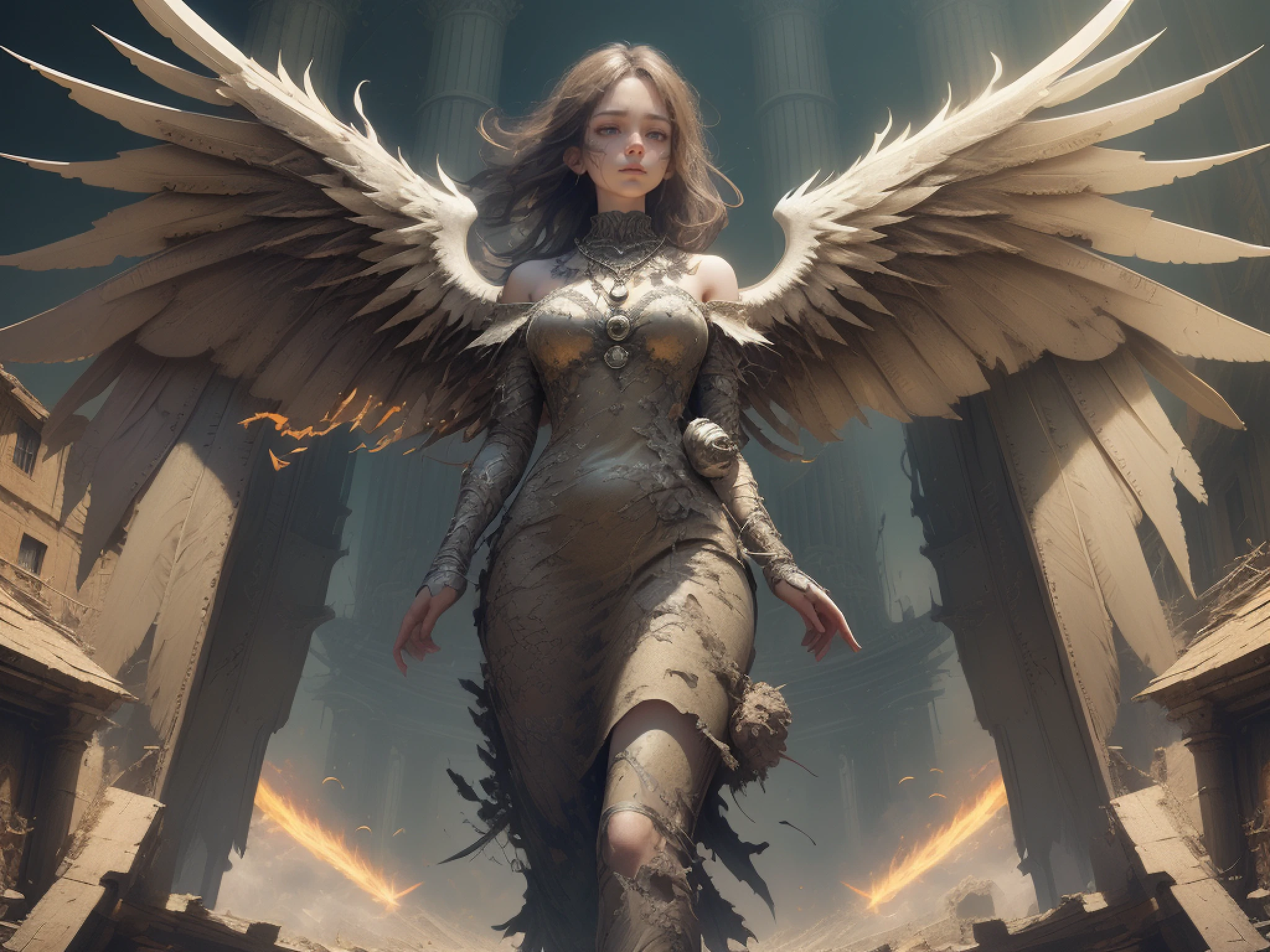 detailed face, super low angle, (flying seraph), (long and wide 12 wings), thick sword on fire, ruins in the city, skyscraper, impact, high speed, flame, necklace on fire, (battle field),