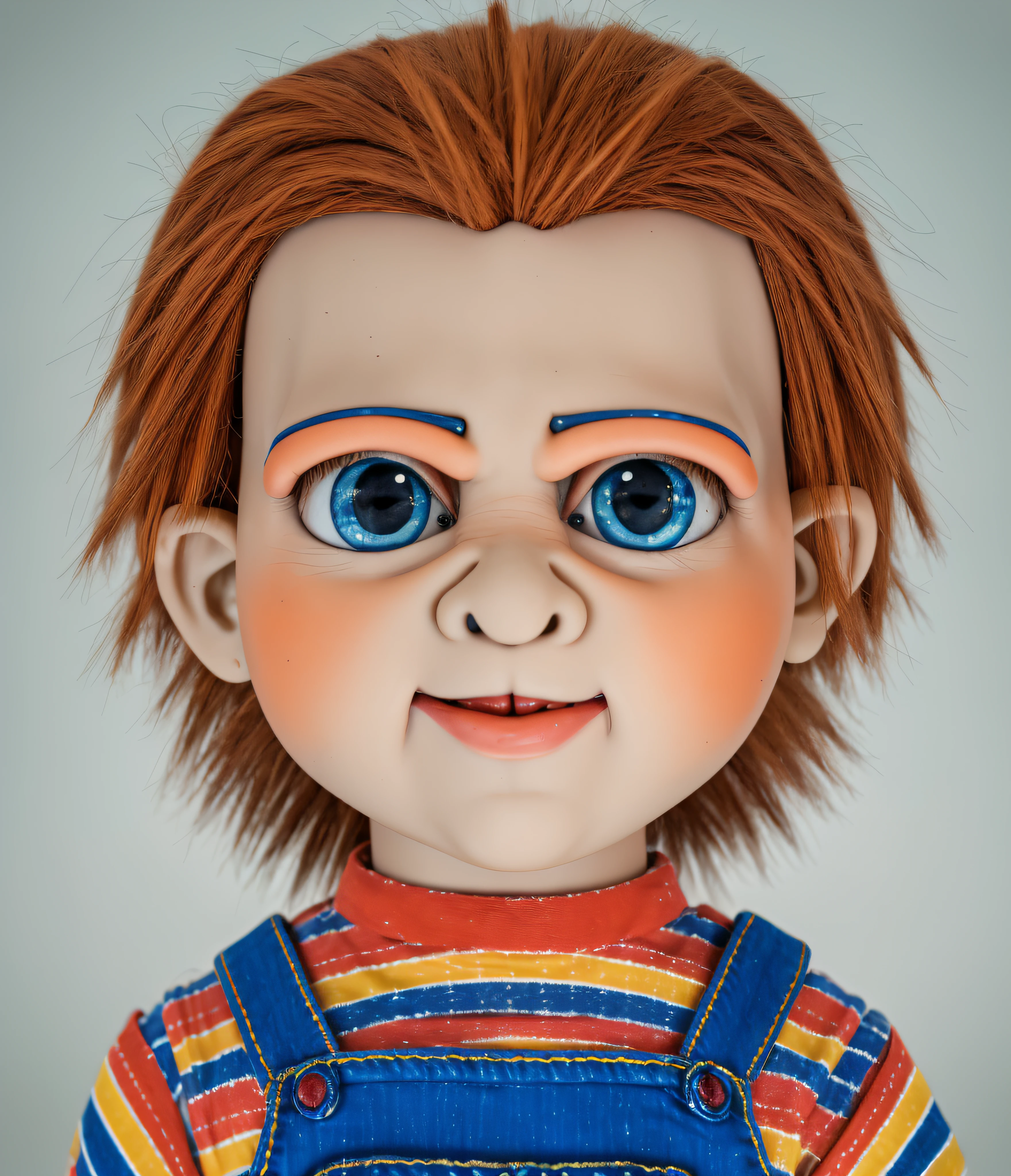 best quality, high resolution, master part: 1.2), ultra-detalhado, retrato, horror, [inspirado em mocinhos], [boneca], assustador, hideous, [Perfect appearance], tamanho real, tipo boneco, mocinhos Chukey, With denim overalls and orange and red plaid outfit