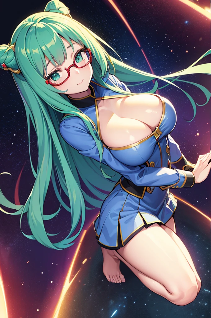 1girl in, A girl wearing a blue dress-like uniform, rainbow colored cosmic nebula background, Meteor swarm, intergalactic, Intricate details, Perfect face, emerald green hair, Long hair, Green eyes, Anime beautiful girl wearing a red uniform, a miniskirt, Absolute area, A slight smil, Perfect Anatomy, Perfect face:1.1), (Red glasses with thin frames),((Huge breasts!!!!!!)),(huge-breasted!!!!) (Full body shot), Looking at Viewer, Ultra-high definition, (1girl in:1.4), Extremely detailed illustration, Smooth, Very perfect pixel, Seductive,venusbody,  cleavage cutout