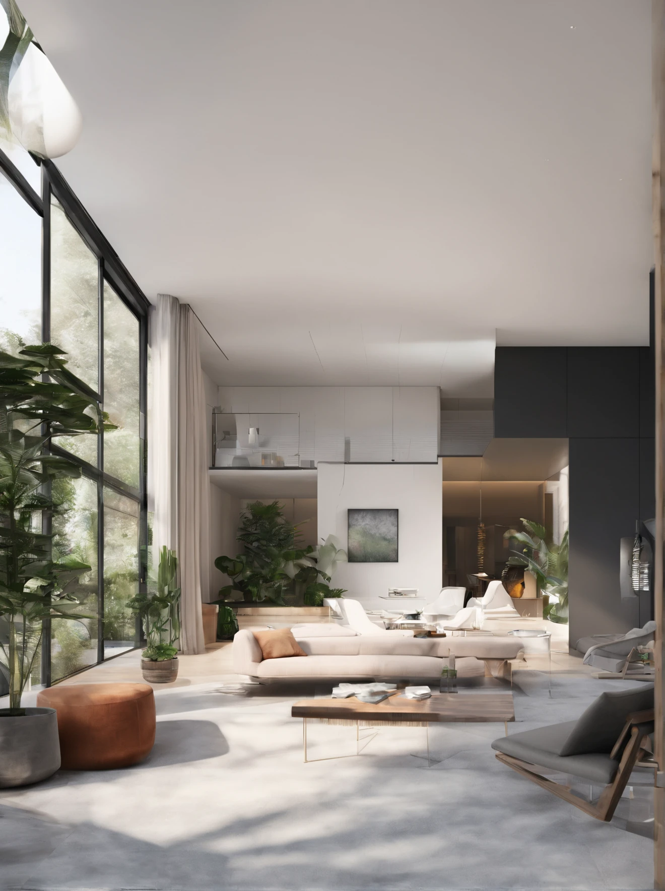 You are a renowned interior designer and have been commissioned to create a 3D image of a modern large room. Create a harmonious environment with modern and minimalist furniture. inclua algumas plantas interiores para dar um ar mais fresco.