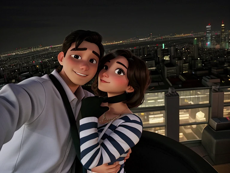 araffes couple taking a selfie at night with city lights in the background, on rooftop, very very low quality picture, on a rooftop, they are in love, lovely couple, with a city in the background, great view, in a rooftop, on rooftop tokyo night, taken in the night, in love selfie, at nighttime
