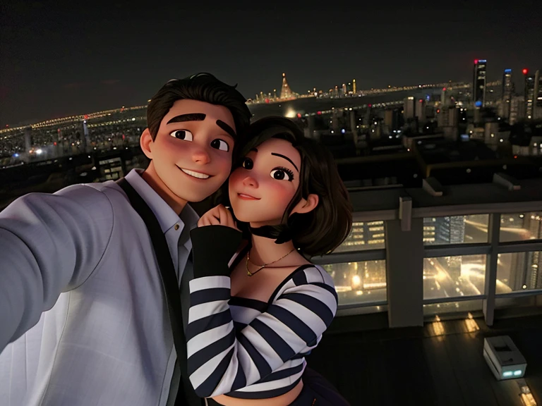 araffes couple taking a selfie at night with city lights in the background, on rooftop, very very low quality picture, on a rooftop, they are in love, lovely couple, with a city in the background, great view, in a rooftop, on rooftop tokyo night, taken in the night, in love selfie, at nighttime