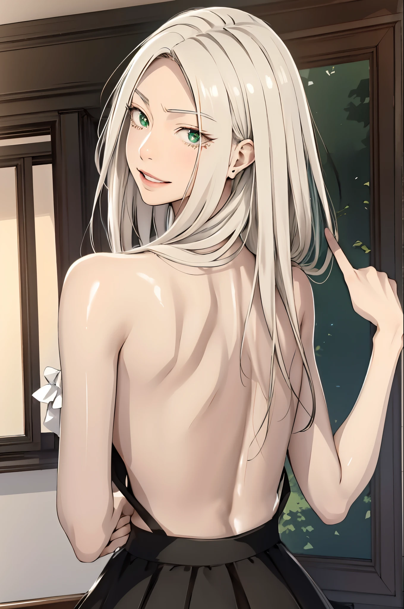 (masutepiece:1.2, Best Quality), (real picture, Intricate details), 1lady, Solo, Upper body, casual, Long hair, Minimal makeup, Natural fabrics, Close-up Face, Smile, Home, Long Light Platinum Blonde Hair, Bangs, Green eyes, Big breasts, Big butt, Skirt.