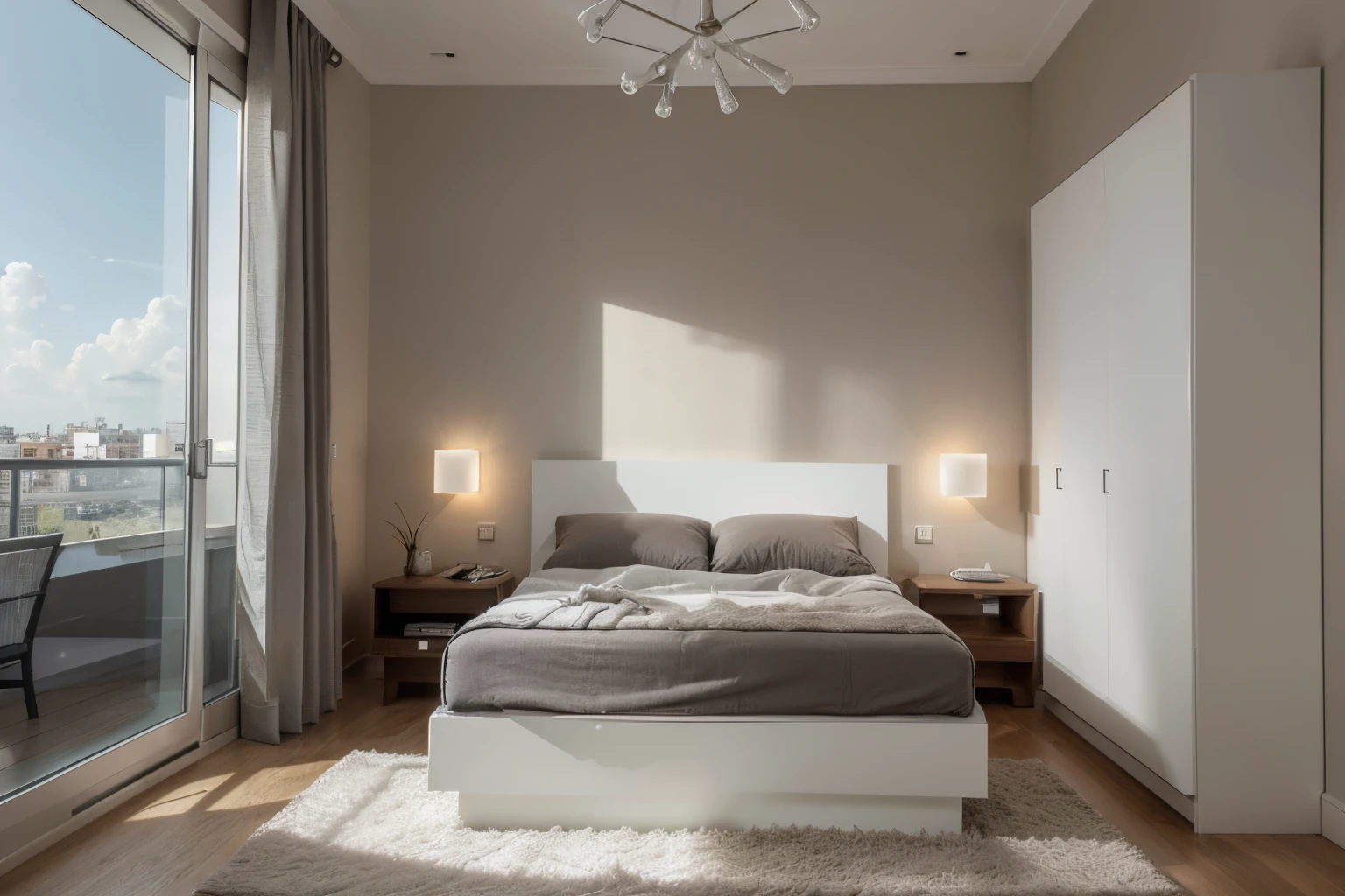 Vislumbre um ultramoderno, Double-use room that optimizes space and integrates advanced technology. Features of the compact room, wall-mounted smart bed that can be controlled through an app, elegante, Mesa flutuante com carregamento sem fio integrado, Janela de vidro inteligente que ajusta sua tonalidade com base na hora do dia. The style is ultra-modern, High-tech furniture, Smart lighting that syncs with your sleep cycle, and a monochrome color scheme. The composition is wide-angle, for the efficient use of space and technology. Use photographic hyperrealism, altamente detalhado, and high-resolution 16k. –AR 16:9 –V 5.2 – Raw Style