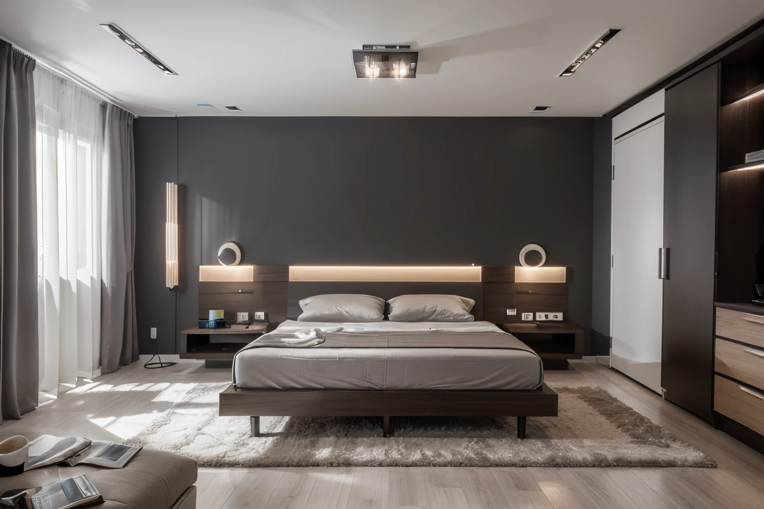 Vislumbre um ultramoderno, Double-use room that optimizes space and integrates advanced technology. Features of the compact room, wall-mounted smart bed that can be controlled through an app, elegante, Mesa flutuante com carregamento sem fio integrado, Janela de vidro inteligente que ajusta sua tonalidade com base na hora do dia. The style is ultra-modern, High-tech furniture, Smart lighting that syncs with your sleep cycle, and a monochrome color scheme. The composition is wide-angle, for the efficient use of space and technology. Use photographic hyperrealism, altamente detalhado, and high-resolution 16k. –AR 16:9 –V 5.2 – Raw Style