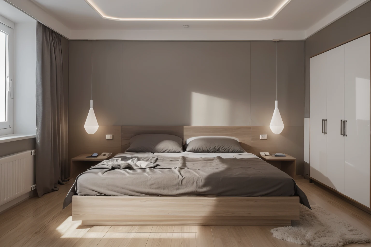 Vislumbre um ultramoderno, Double-use room that optimizes space and integrates advanced technology. Features of the compact room, wall-mounted smart bed that can be controlled through an app, elegante, Mesa flutuante com carregamento sem fio integrado, Janela de vidro inteligente que ajusta sua tonalidade com base na hora do dia. The style is ultra-modern, High-tech furniture, Smart lighting that syncs with your sleep cycle, and a monochrome color scheme. The composition is wide-angle, for the efficient use of space and technology. Use photographic hyperrealism, altamente detalhado, and high-resolution 16k. –AR 16:9 –V 5.2 – Raw Style