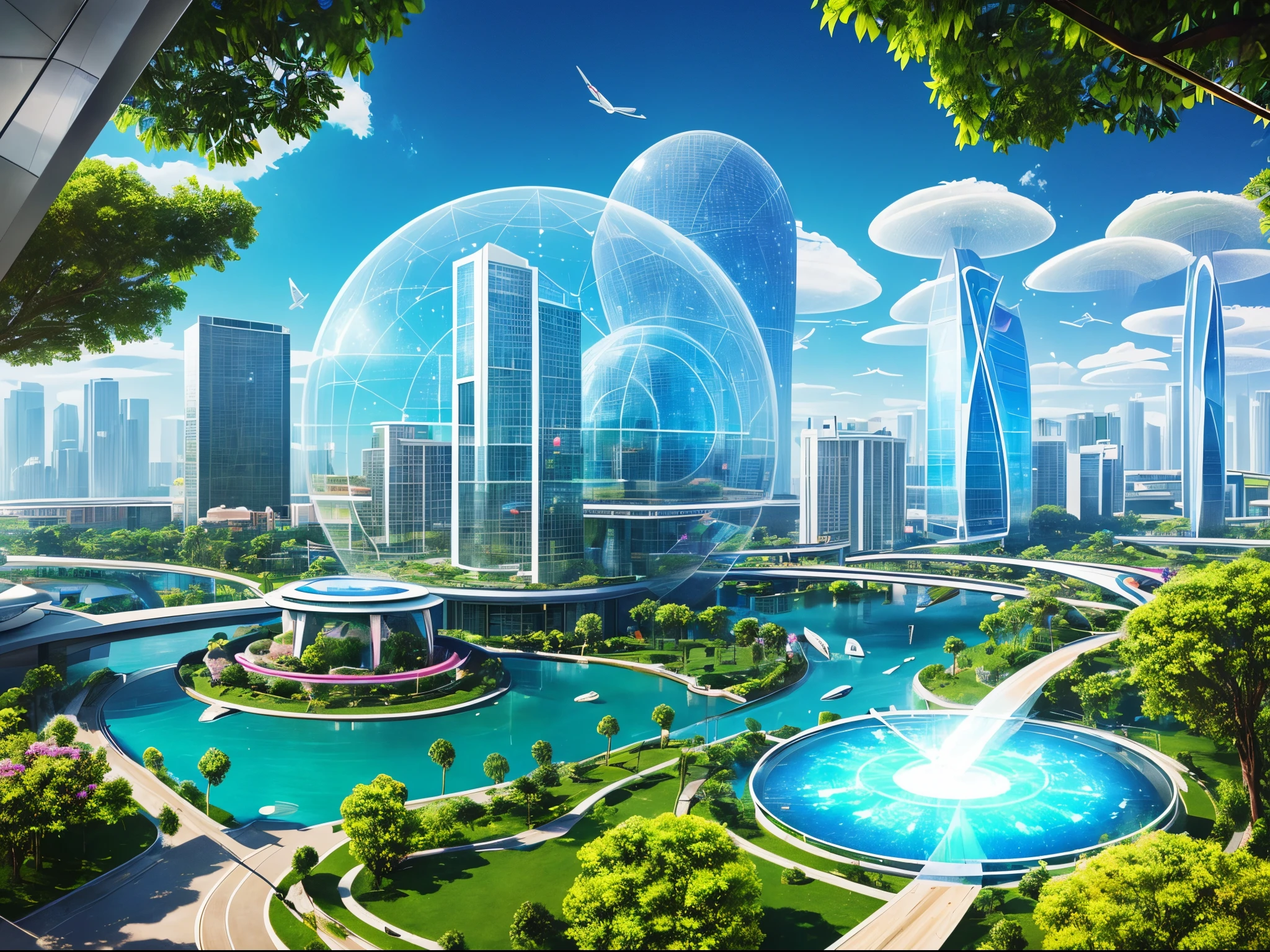 Cidade futuristica,afofuturism,Sparse buildings,Flowers,blossoms,water flowing,The fountain,naturey,Rounded,connections,Buildings are interconnected,Ribbon-like,glass,Light,Plants have,buliding,concrete,glass wall,Plants combined with cities,Forest City,flying cars,air vehicle,Electronic screens,holographic projections,fanciful,24th century