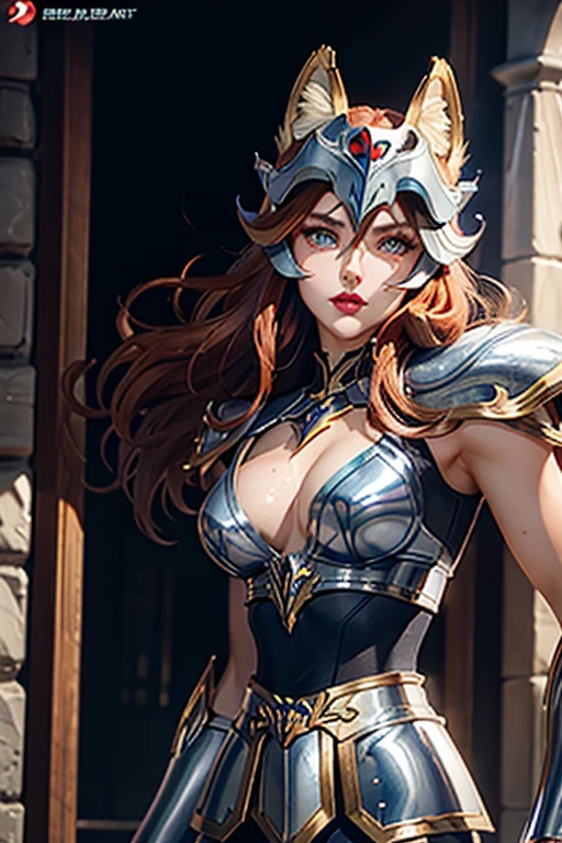 There is an adult European woman in Blue Wolf designed Armor , Saint Seiya , Wolf Head Helmet , Ginger hair, red lips, Eye shadow, natural makeup, long curved hait, beautiful chest, Second Life Avatar, Beautiful screenshot, Second Life, attractive woman, high quality, highly detailed skin, dynamic pose