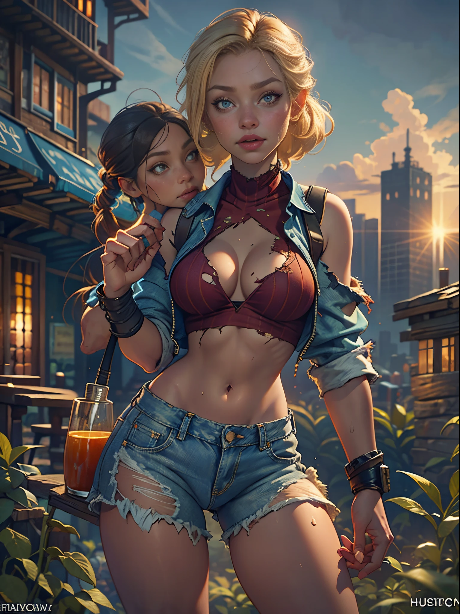 2076 year. The Urban Ruins of the Wasteland, Female huntress picking fruit in the garden, beautiful face, blonde, very torn shirt and denim shorts, shirt in tatters ,  long legs, sweating through, sun rising, Nice warm colors, head to toe full body shot