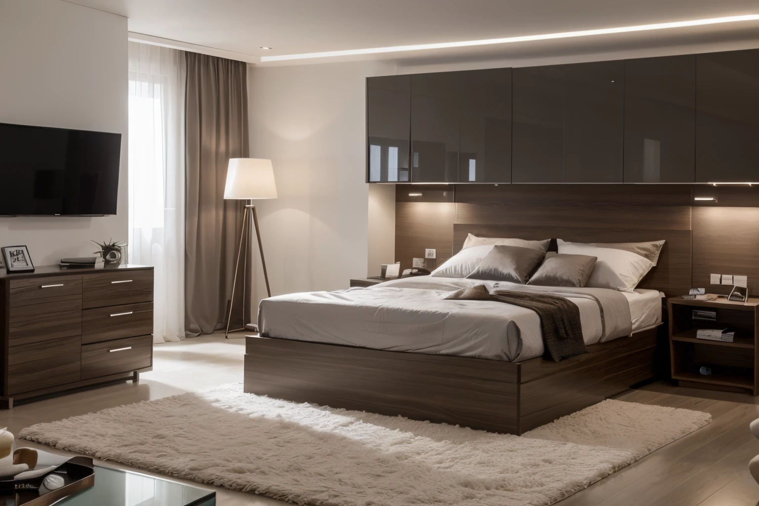 Vislumbre um ultramoderno, Double-use room that optimizes space and integrates advanced technology. Features of the compact room, wall-mounted smart bed that can be controlled through an app, elegante, Mesa flutuante com carregamento sem fio integrado, Janela de vidro inteligente que ajusta sua tonalidade com base na hora do dia. The style is ultra-modern, High-tech furniture, Smart lighting that syncs with your sleep cycle, and a monochrome color scheme. The composition is wide-angle, for the efficient use of space and technology. Use photographic hyperrealism, altamente detalhado, and high-resolution 16k. –AR 16:9 –V 5.2 – Raw Style