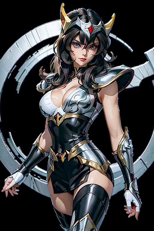 There is an adult European woman in a Penguin Armor , Saint Seiya , Penguin Black and White Armor, Dark hair, red lips, Eye shadow, natural makeup, long curved hait, beautiful chest, Second Life Avatar, Beautiful screenshot, Second Life, attractive woman, high quality, highly detailed skin, dynamic pose