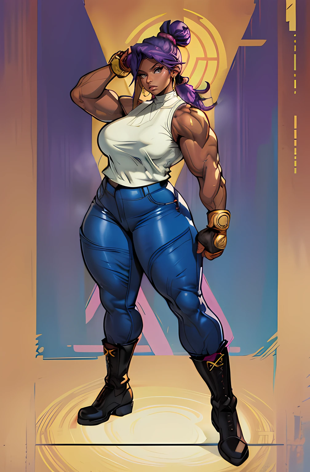 jim lee ((masterpiece)) comic book style, intricate comic book outline linework, flat colors

very tall, (street fighter) ((((1girl)))) ((dark skin)) ((((wide body)))) hanging breast: 1.9, medium breasts ((((chubby physique)))) ((violet hair)) (((topknot))) hazel eyes long hair ((full body)) tight black sleeveless shirt, (((gold tight pants))), boots, arm bands, leather gloves, earrings, solid background, full body,